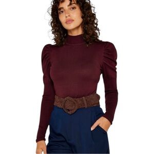 Apricot Burgundy Knit Ruched Shoulder Puff Sleeve Pullover Sweater Size Xlarge